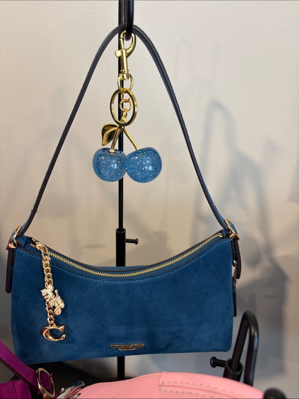 NWT Coach Blue Suede Shoulder Bag with Gold Hardware